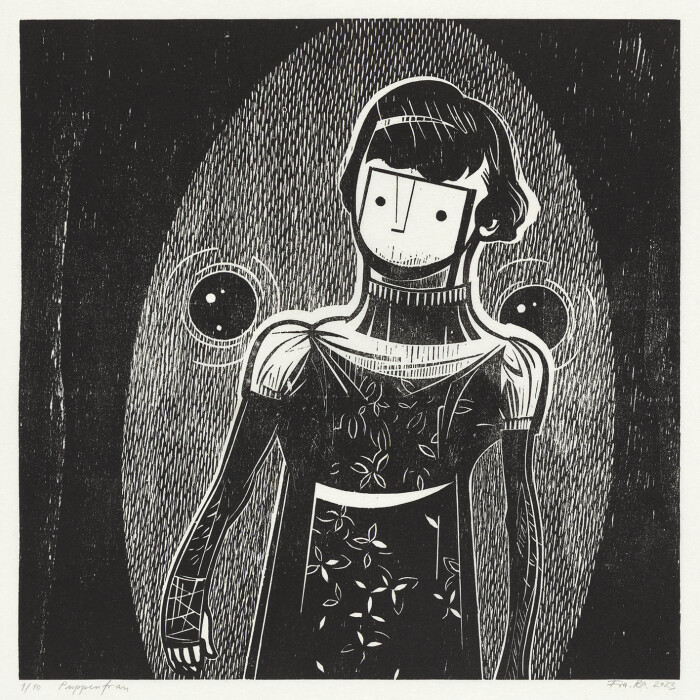Franca Bartholoma?i_Lost Faces_Puppe nfrau_29x29,5cm_2023_Holzschnitt