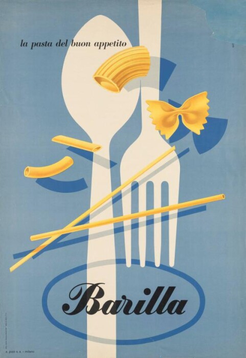 AL DENTE_ Erberto-Carboni-Barilla-La-pasta-del-buon-appetito-1952-Farblithografie-HfG-Archiv-Museum-Ulm-